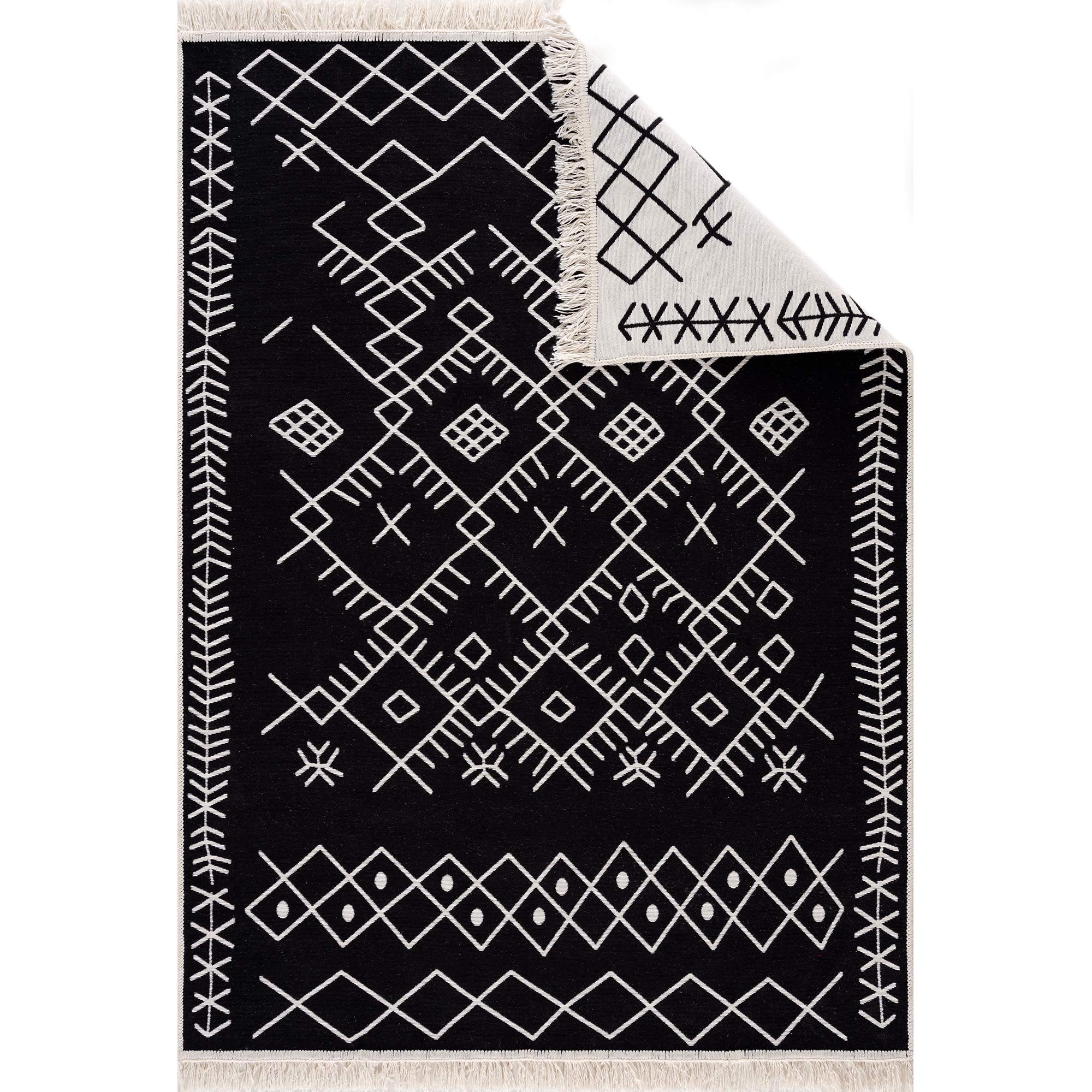 Jimri Fashion4Home Rug Runner - Rug for Living Room, Bedroom, Kitchen, Children's Room, Bathroom - Boho Kilim Rugs - Runner Hallway Rug Black and White, Size: 80 x 150 cm