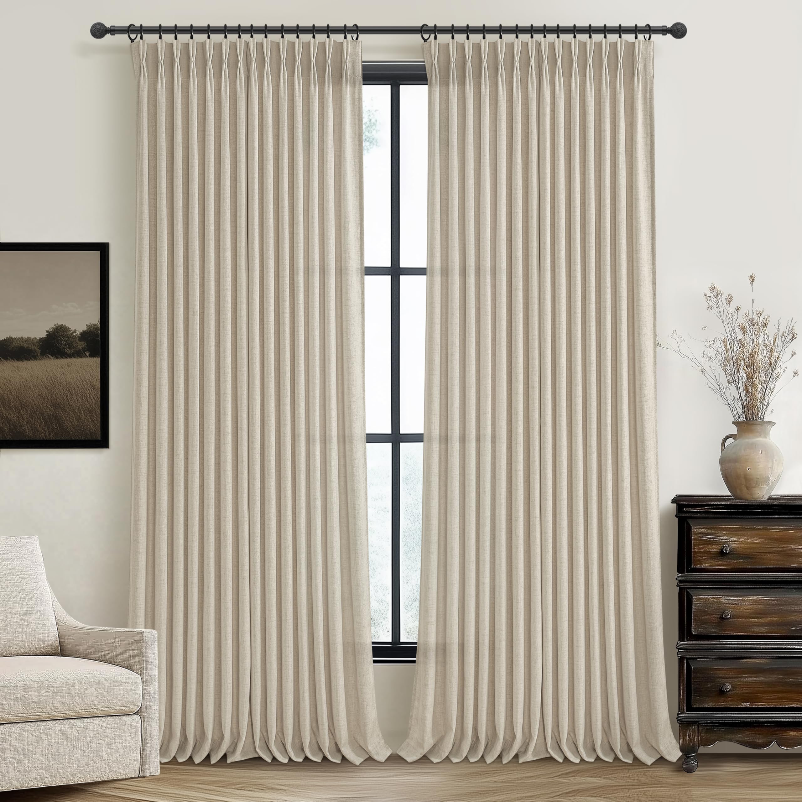 Photo 1 of Pinch Pleated Warm Beige Sheer Curtains 102 Inches Long for Sliding Glass Doors 2 Panels Set, Burlywood Birch Flax Linen Light Filtering Window Drapes with Hooks for Kids Room 40"W x 102"L Inch Length