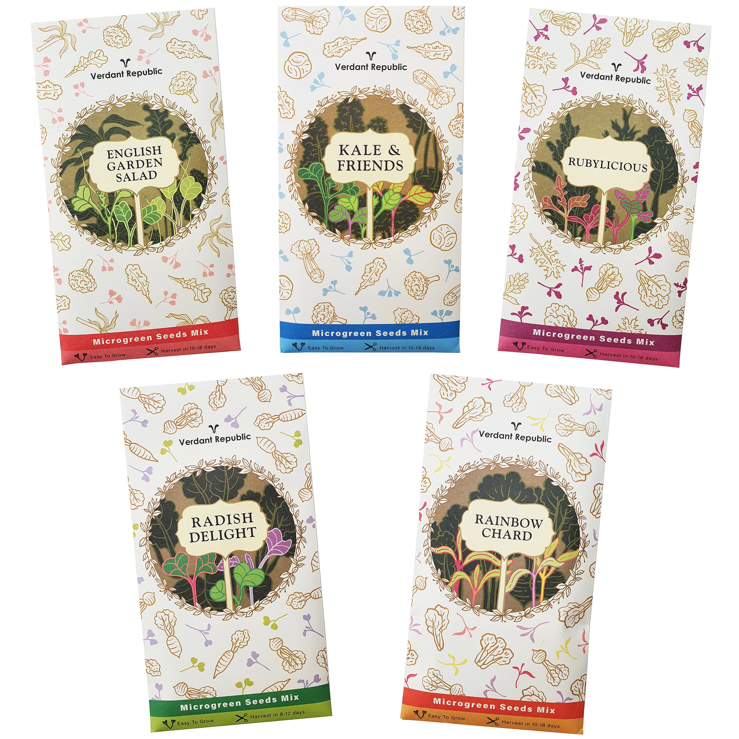Verdant Republic Microgreens Salad Seeds Mix | Fawn Collection- 5 Seeds Mix Packs | High Germination & Easy to Sprout | Over 16 Vegetable & Herbs Varieties incl Broccoli, Radish, Kale