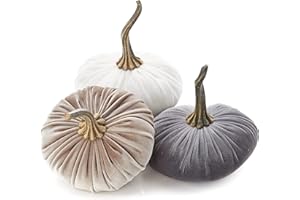 YOUR HEART'S CONTENT Set of 3 Velvet 6.25 Inch Pumpkins, fall decor, cozy autumn vibe, tiered tray tablescape, elegant accent decor, Thanksgiving centerpiece, neutral mantel decor (Gray, Taupe, Ivory)