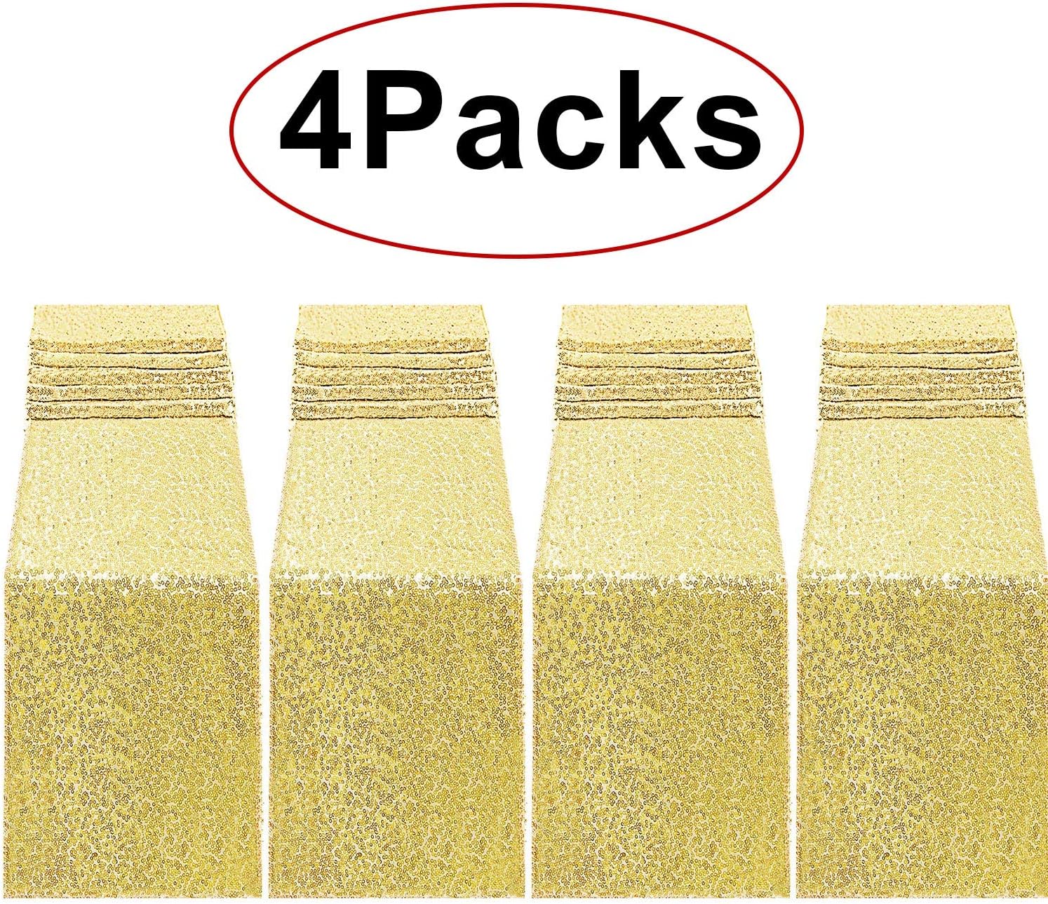 FECEDY 4packs 12 x 108inch Glitter Gold Sequin Table Runner for Birthday Wedding Engagement Bridal Shower Baby Shower Bachelorette Holiday Celebration Party Decorations