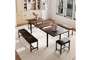 Einhomn 5 Pieces Dining Room Table Set for 4-6, 63' Extendable Kitchen Table Set with 2 Benches & 2 Stools, Small Dining Table Set with Metal Frame & MDF Board, Espresso