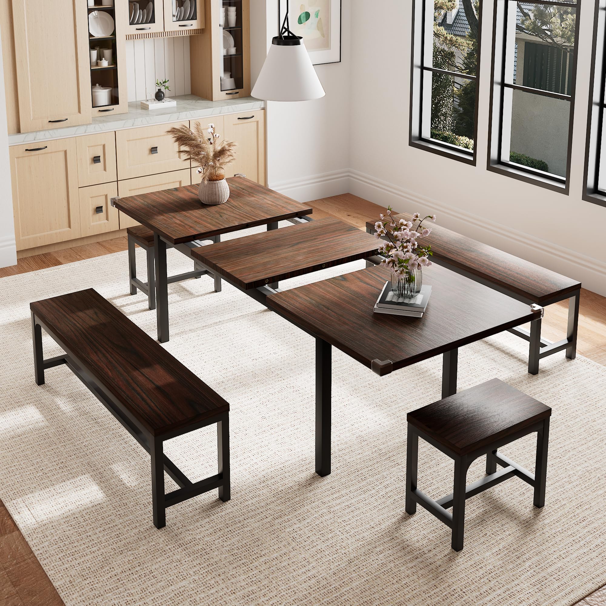 Photo 1 of *PARTIAL SET check clerk comments * 
Einhomn 5 Pieces Dining Room Table Set for 4-6, 63' Extendable Kitchen Table Set with 2 Benches & 2 Stools, Small Dining Table Set with Metal Frame & MDF Board, Espresso