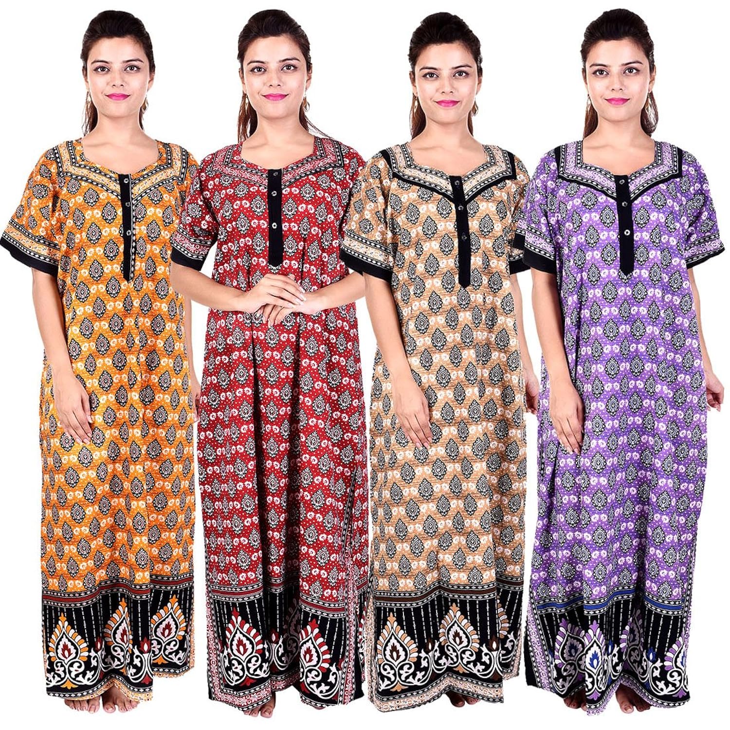 jwf women's cotton nighty free size (pack of 4 pcs)