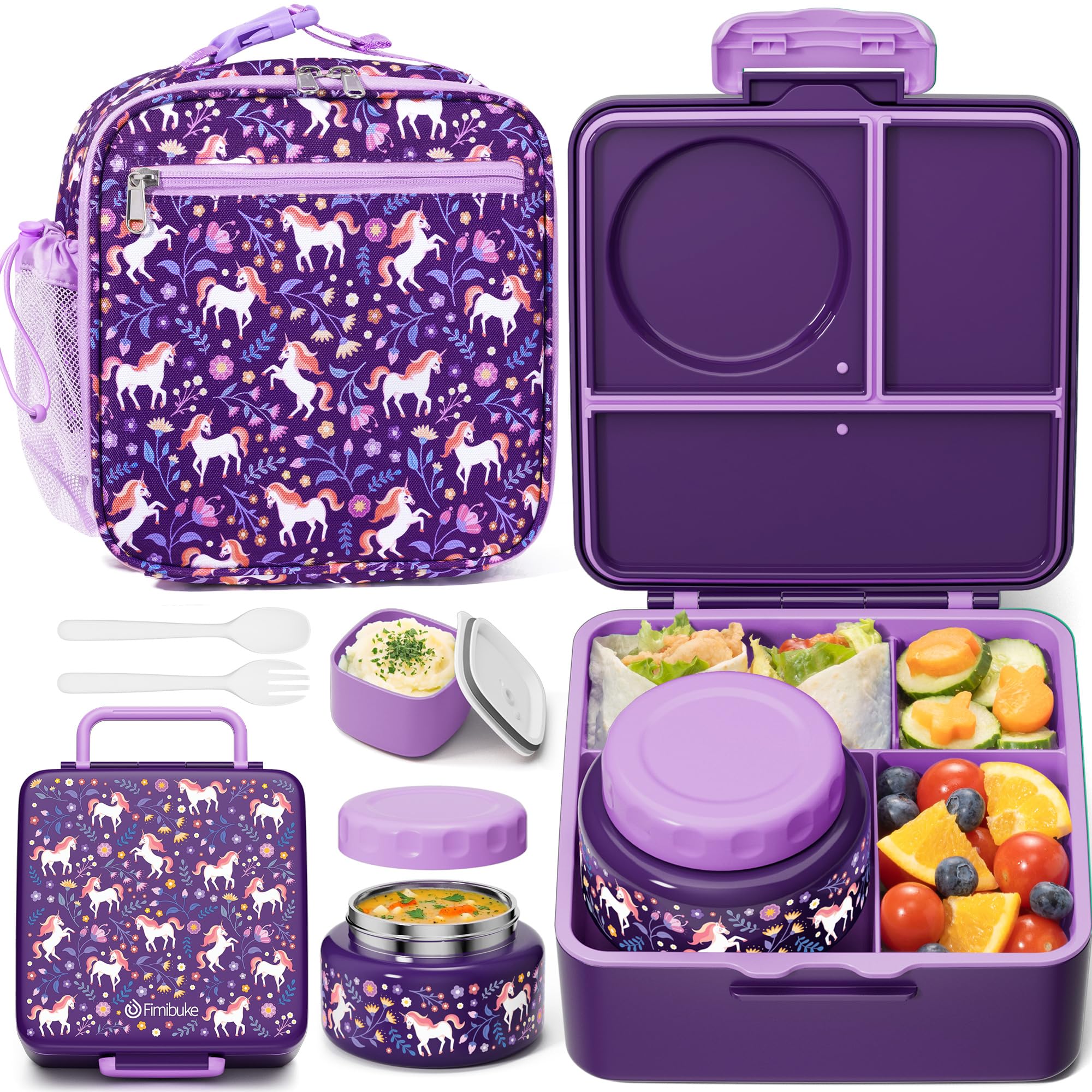 Photo 1 of Fimibuke Kids Bento Lunch Box with Thermos, Leakproof Toddler Bento Box with 8.5 OZ Insulated Food Jar, Lunch Bag & Utensils BPA Free Dishwasher Safe 3 or 4 Compartment Container for School Girls Boys
