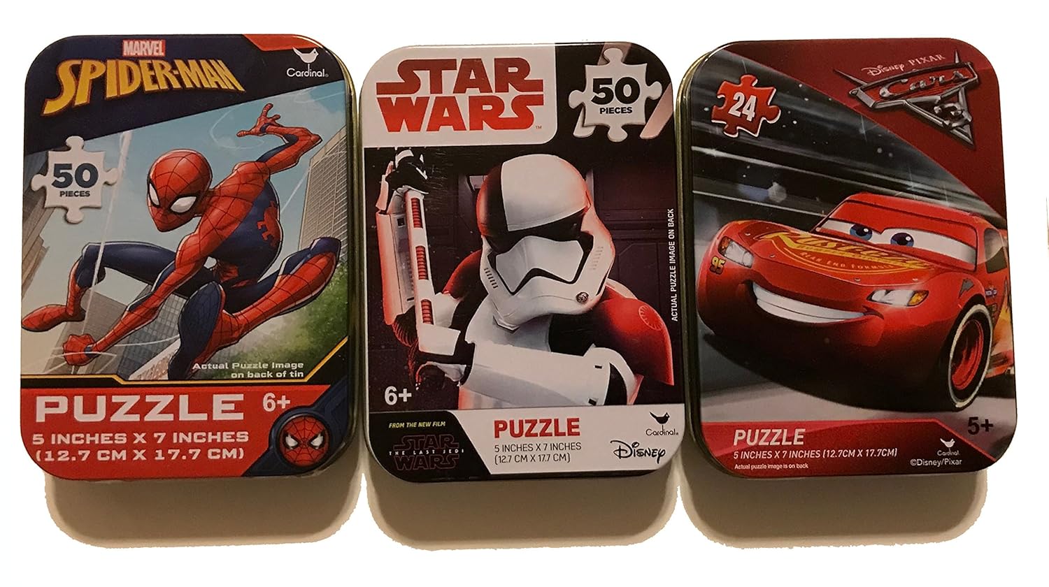 3 Collectible Girls/Boys Mini Jigsaw Puzzles in Travel Tin Cases: Marvel Disney Kids Star Wars Storm Trooper, Spiderman, Cars Gift Set Bundle