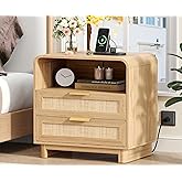 Akxomel Rattan Nightstand with Charging Station, 23.6" Wide Night Stand with 2 Storage Drawers & Open Shelf, Large Wooden Bedside End Table with Curved Profile Design, for Bedroom, Natural Oak