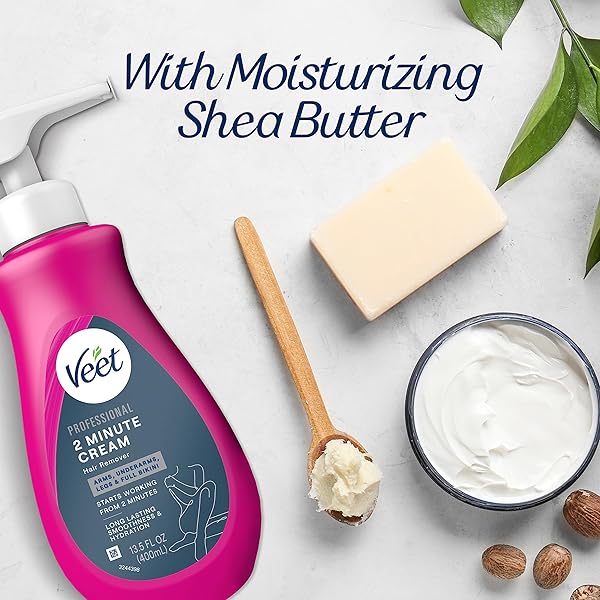 VEET PROFESSIONAL 2 MINUTE CREAM FOR ALL SKIN TYPES WITH SHEA BUTTER, FULL BIKINI & PUBIC HAIR REMOVAL, DERMATOLOGICALLY TESTED, 13.5 FL OZ BOTTLE W/SPATULA