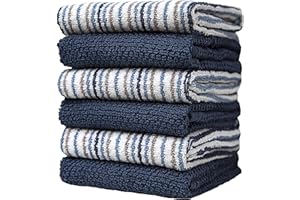 BUMBLE TOWELS Kitchen Towels 16”x 26” - 6 Pack | Large Cotton Kitchen Hand Towels | Dish Towels | Popcorn Stripe Design | 430 GSM Highly Absorbent Tea Towels Set with Hanging Loop | Dish Towels for Kitchen | Blue