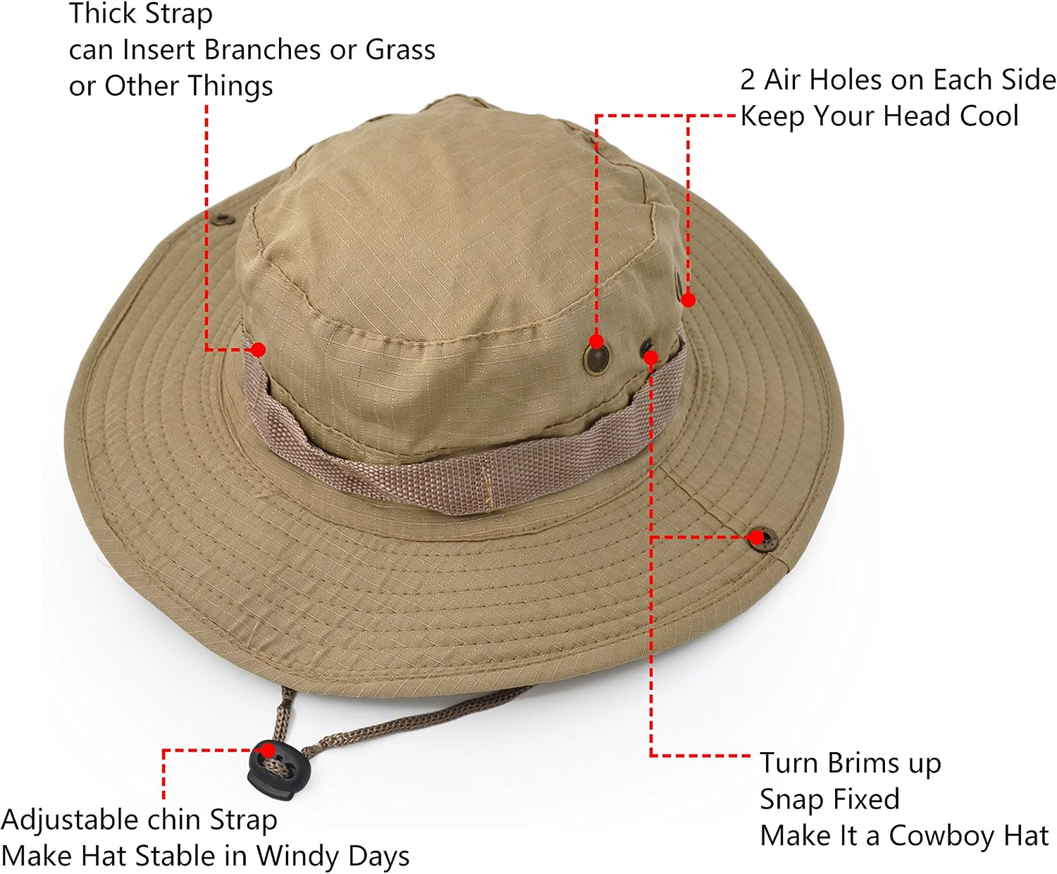 Outdoor Wide Brim Sun Protect Hat, Classic US Combat Army Style Bush Jungle Sun Cap for Fishing Hunting Camping 6 - Image 4
