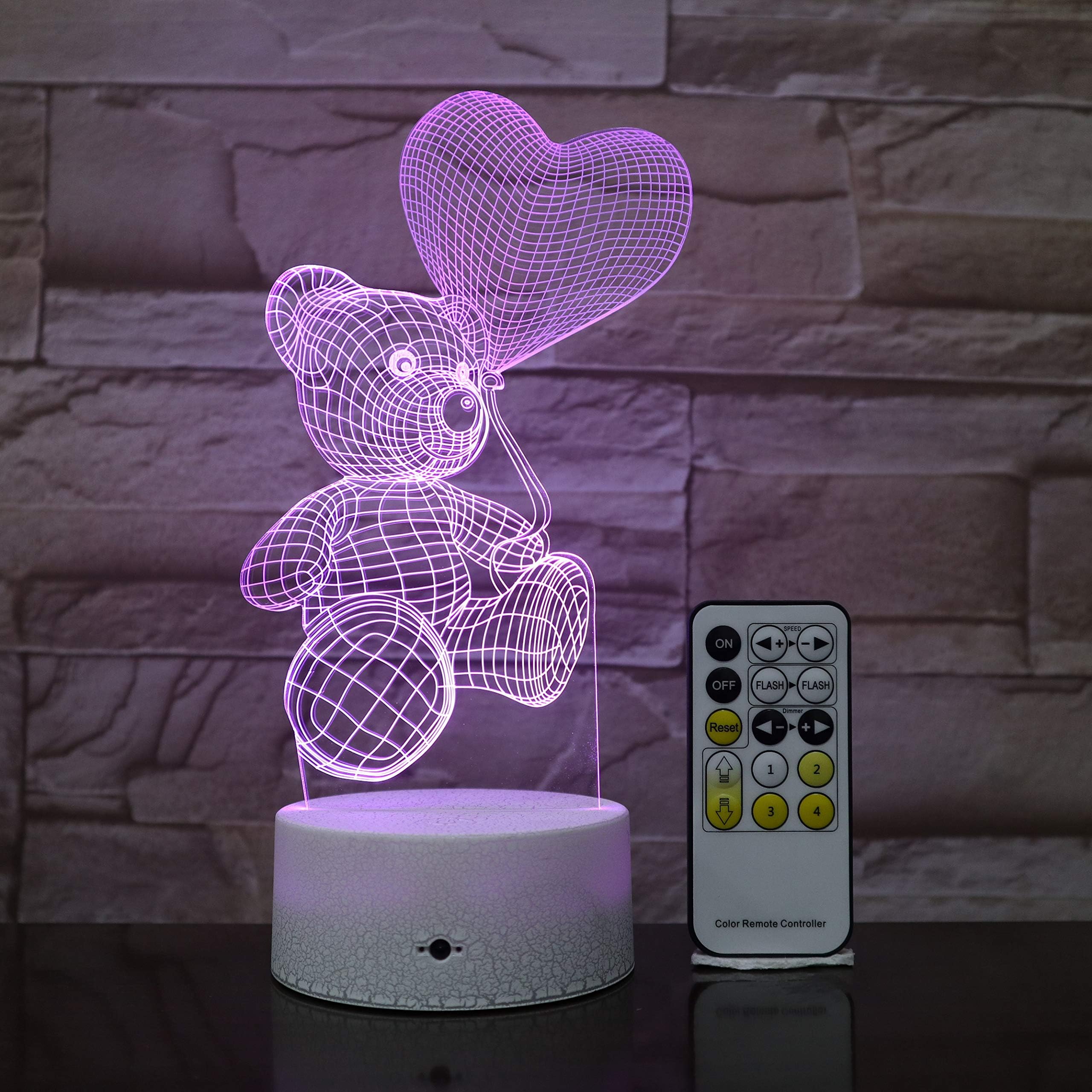 Teddy Bear Design | 3d Optical Illusion Hologram Night Lamp | Led Lampeez for Mom/Lady/Girlfriend/Wife/Daughter | Premium Present Idea Present For Her | Remote / Extra Long Cord / USB Adapter Included