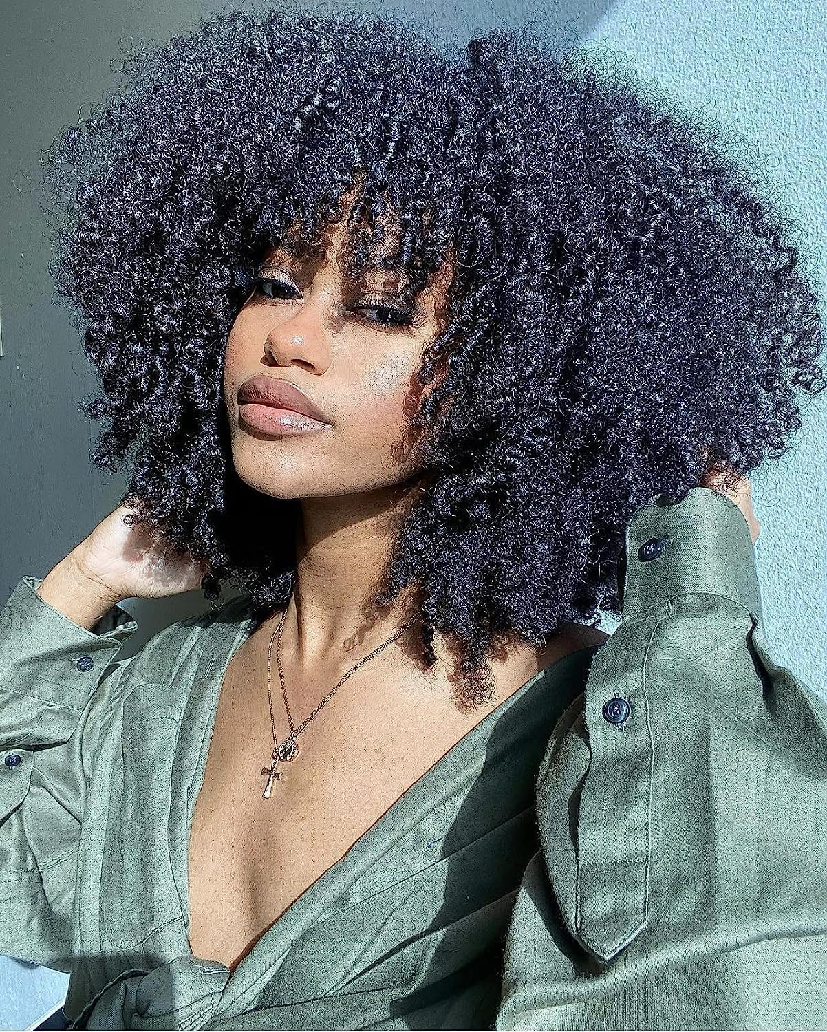 Human Hair Wig Afro Kinky Curly Human Hair Wig With Bang For Women None Lace Human Hair Wig Fringe Glueless 180% Density Human Hair Bang Wigs For Black Women Machine Made 16 Inch โ image 1