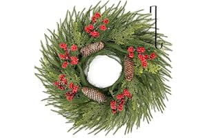 WellSign 24 Inch Artificial Christmas Wreaths for Front Door, Large Winter Green Pine Wreath with Red Berries and Hangers, Real Touch Door Wreath for Wall Window Fireplace Indoor Outdoor Home Decor