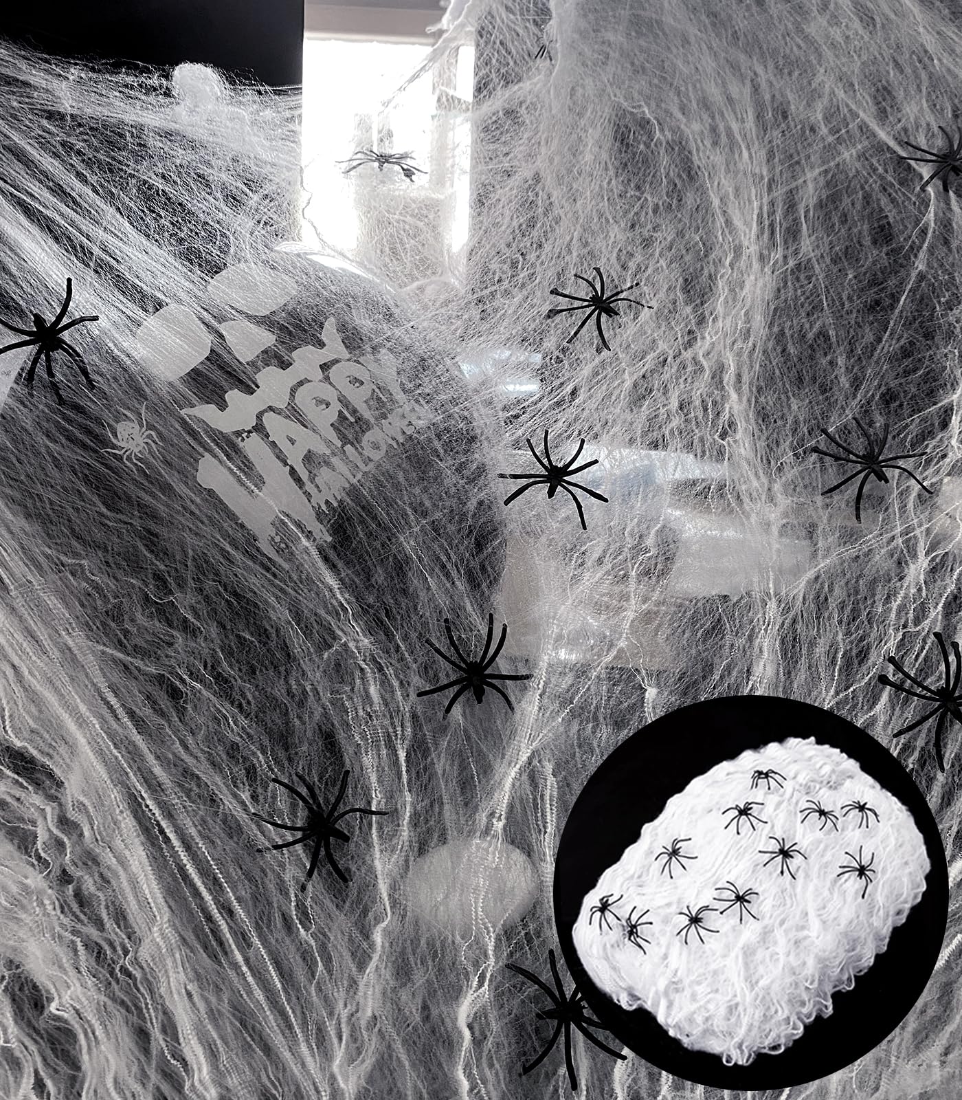 SHIYOUO Halloween Spider Web, 200g White Stretchable Cobweb With 50 Spiders Halloween Spider Web Deco Halloween Deco Kit for Halloween Party Deco