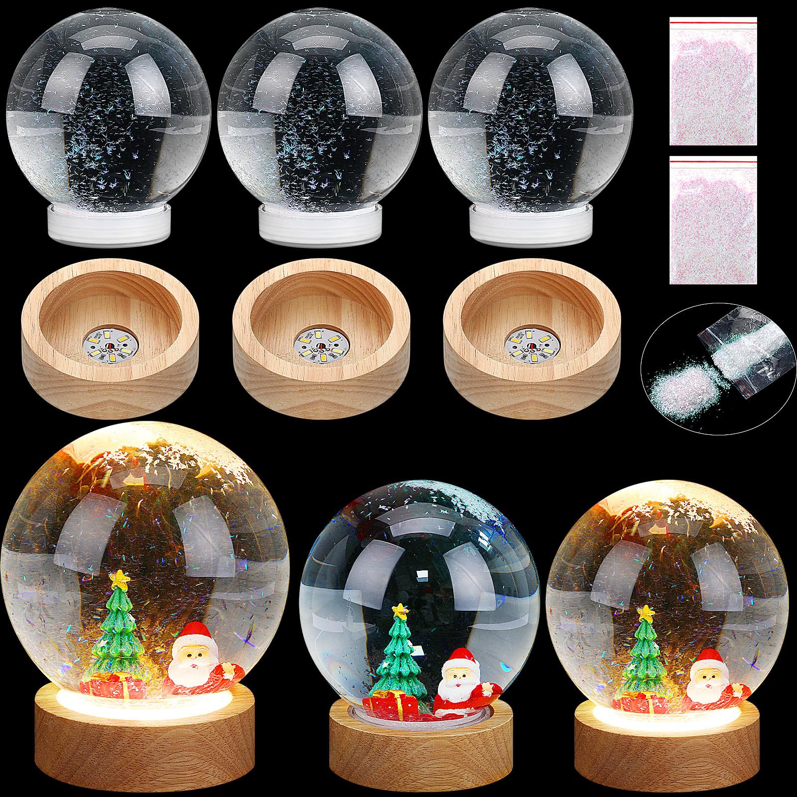 Photo 1 of 3 Pcs Christmas DIY Snow Globes Water Globe with 3 LED Light Base Wooden Stand and 2 Fake Snow Bulk 5'' Clear Plastic Snow Globe Kit Waterproof Screw Off Cap for Xmas Winter DIY Craft(Gradual Color)