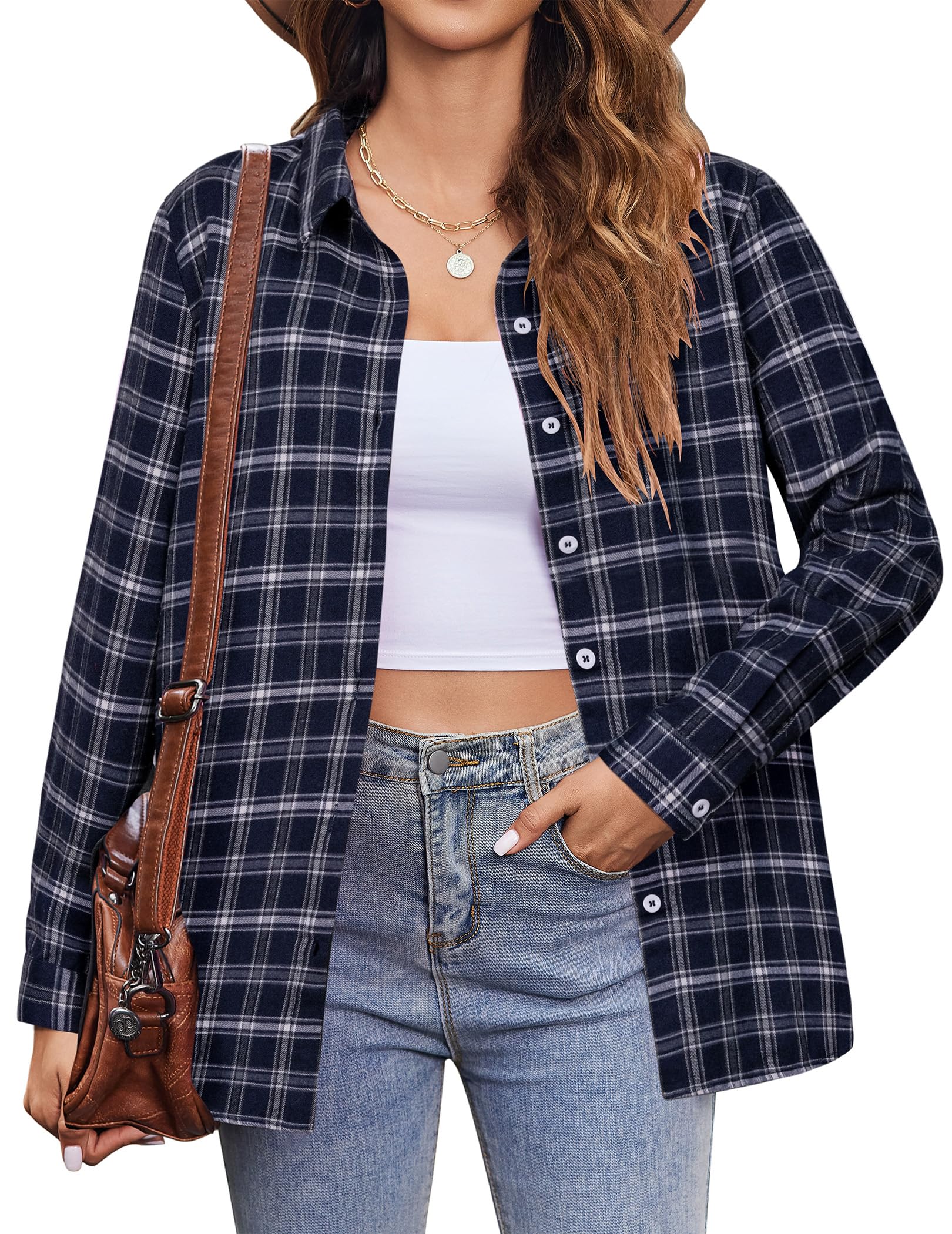 Zeagoo Hemdjack voor dames, geruite hemdblouse met lange mouwen, knoopsluiting, flanel, blouse met zak, casual blousejas, geruit, herfst, winter, shacket, westernhemd, S-XXL, bruin, XL