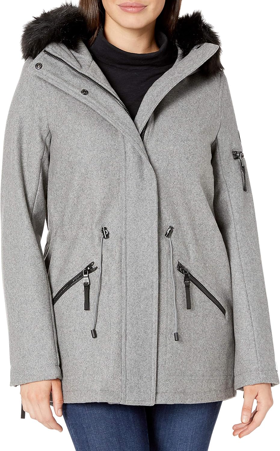 calvin klein faux fur trim coat