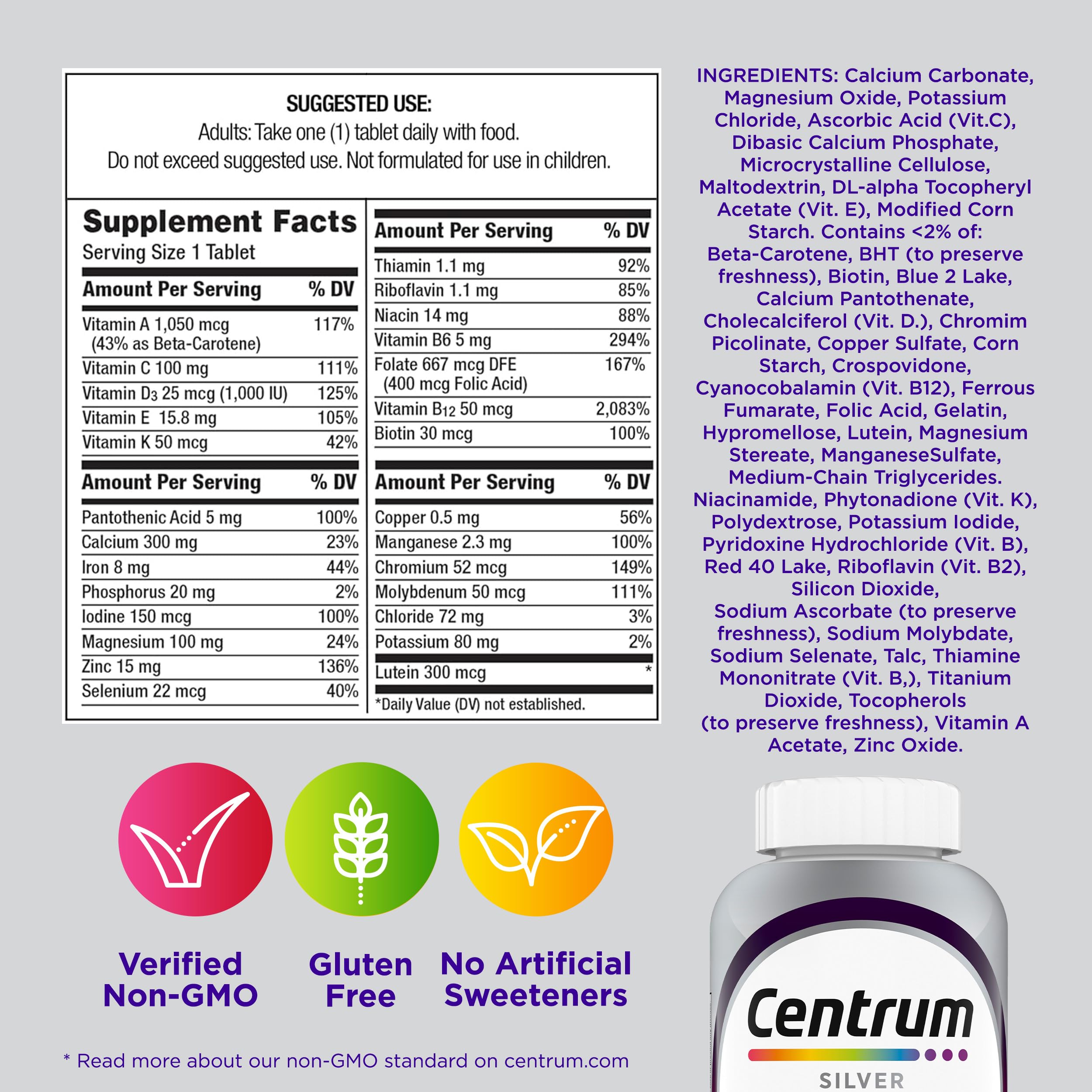 Centrum Silver Women's Multivitamin for Women 50 Plus, Multivitamin/Multimineral Supplement with Vitamin D3, B Vitamins, Non-GMO Ingredients, Supports Memory and Cognition in Older Adults - 200 Ct