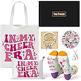 Y1tvei Cheerleader Canvas Bag Gifts - 57Pcs In My Cheer Era Canvas Tote Bag Makeup Pouch, Cheer Bracelet Necklace Encouragement Card Stickers Socks, Cheerleading Lover Gift Set for Women Cheerleaders