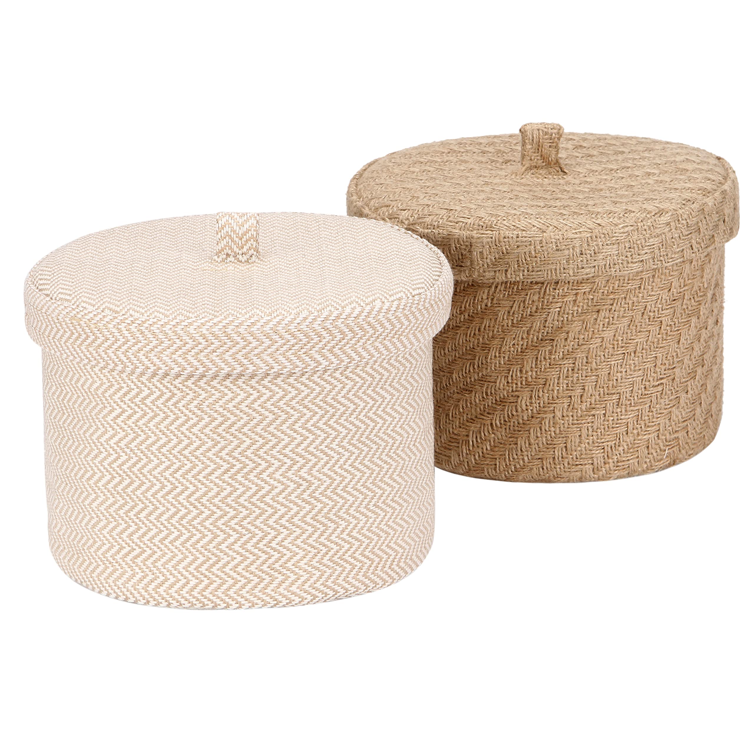 Sea Team 2 Pack Jute and Cotton Linen Storage Basket Cute Round Box for Toiletry Toy Sundry Item 5 Liters Desk Gadget Organizer with Lid(Medium C)