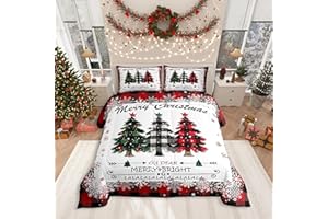 MANFEI Christmas Comforter Set King Size, Red Plaid Xmas Trees Bedding Set 3pcs , Winter Snowflake New Year Reversible Down Comforter for All Season, Kids Boys Girls Room Decor, 2 Pillowcases, No Sheets
