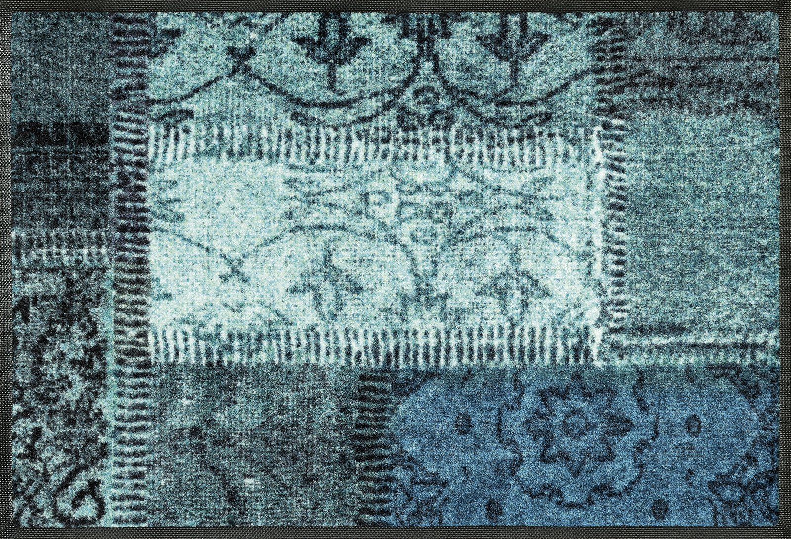 Wash + Dry Vintage Patches Turquoise Doormat, Acrylic, Green, 50 x 75 x 0.7 cm