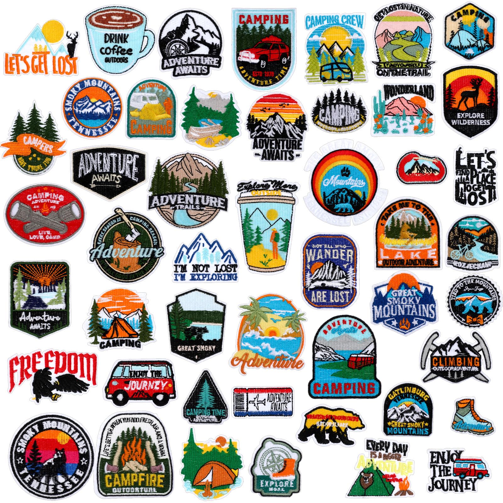 Photo 1 of CraftyDream 48 Pcs Camping Theme Iron on Patches Adventure Outdoor Mountain River Backpacking Sew on Patches Embroidered Applique for Jeans Jackets Clothes Backpack Cap DIY Crafts (Adventure)