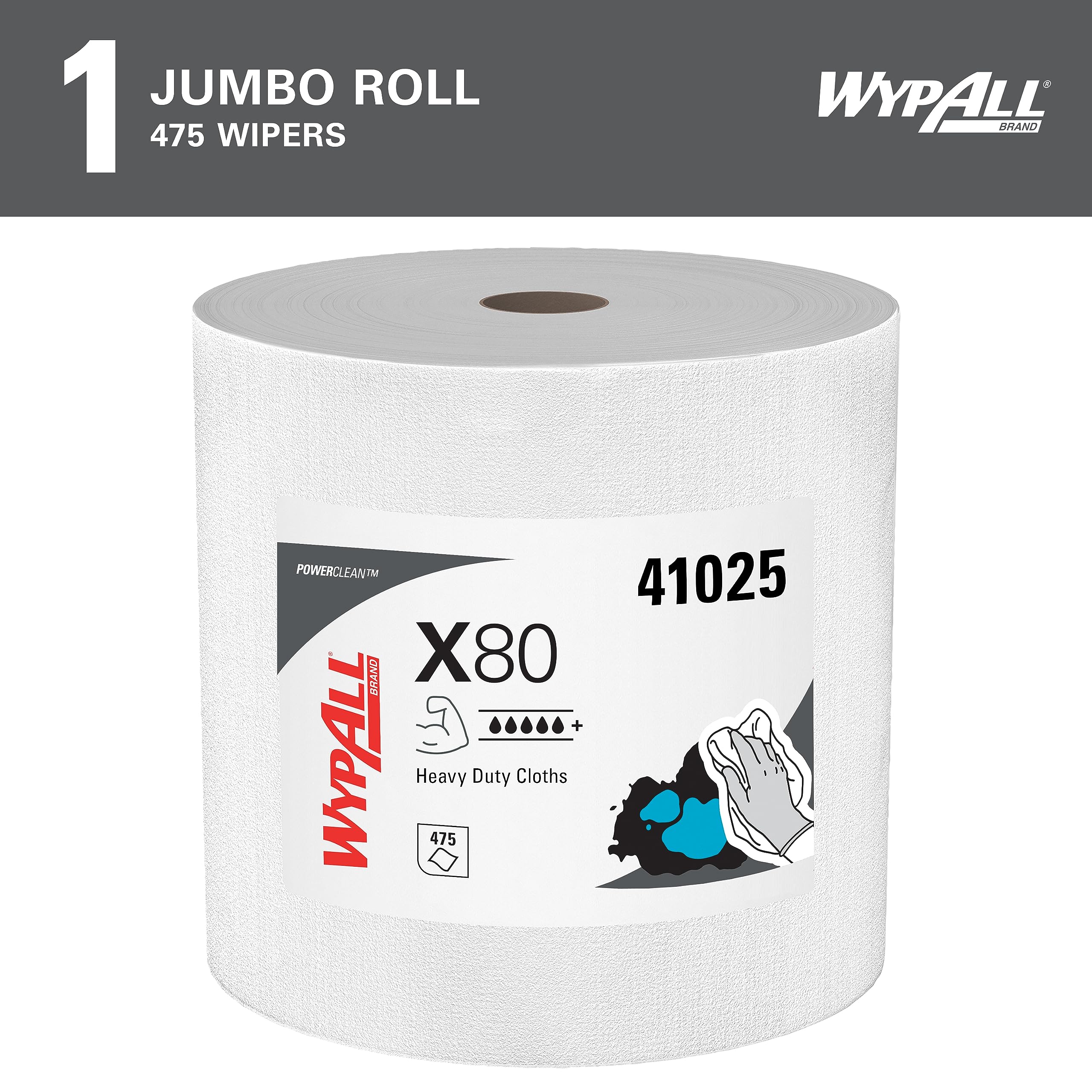 WypAll PowerClean X80 Cloths Heavy Duty Wipes (41025), Jumbo, Extended Use Towels, White (1 Roll of 475 Sheets, 475 Sheet Total)