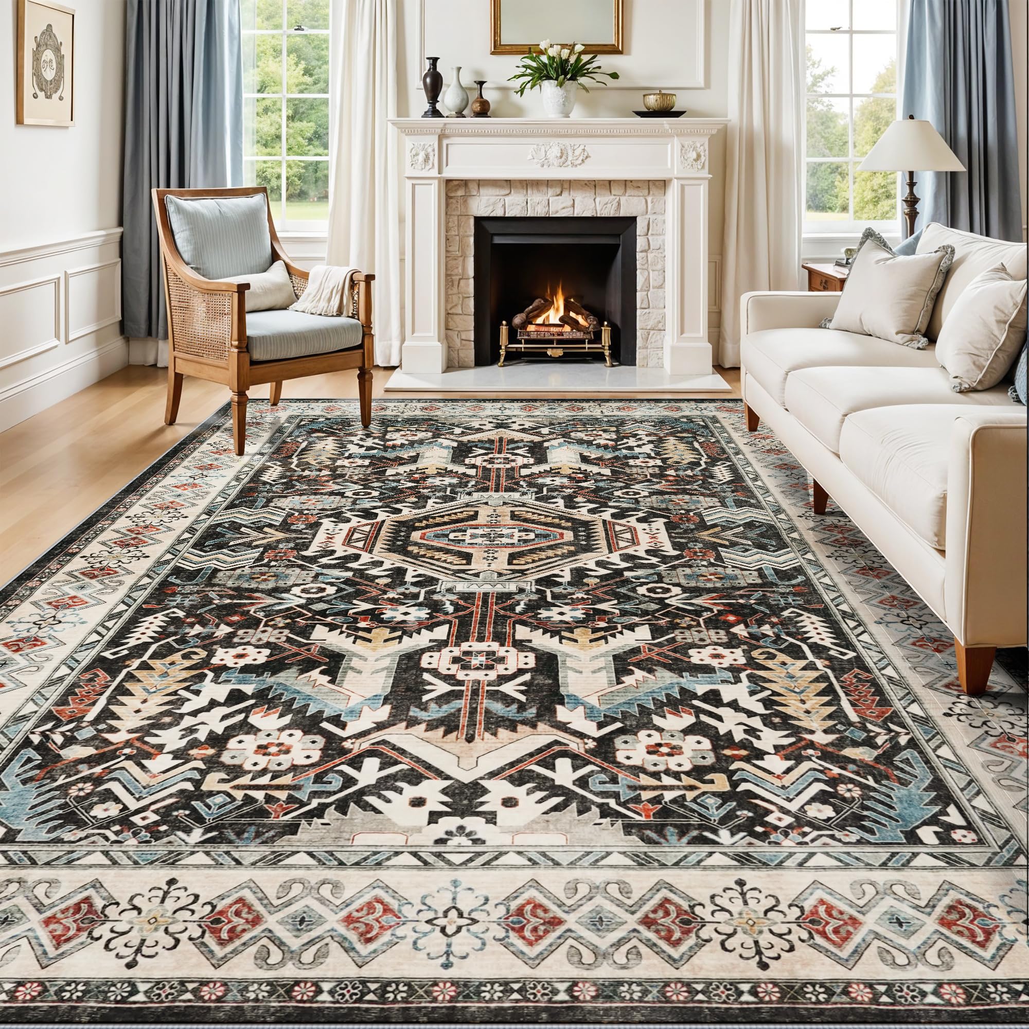 Washable Living Room Area Rug - 8x10 Large Bedroom Rug Distressed Oriental Non-Slip Non-Shedding Print Floor Carpet for Dining Room Kitchen (Black, 8 x 10)