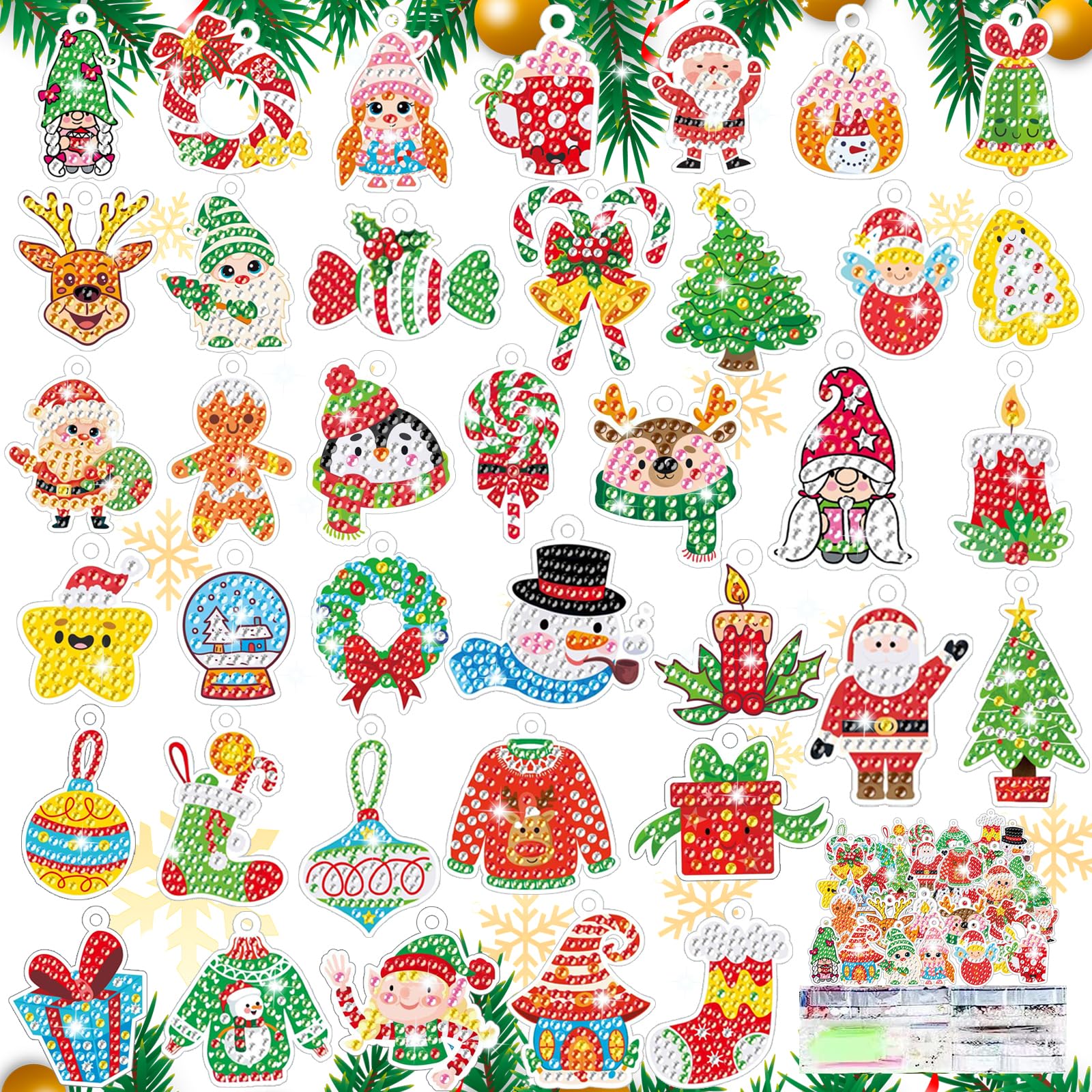CAYUDEN Diamond Painting Christmas Pendant, 38 pcs 5D Christmas Diamond Painting Pictures Kids Diamond Art Dots DIY Diamond Painting Hanger Kits Gem Arts Hanging Card for Xmas Decor