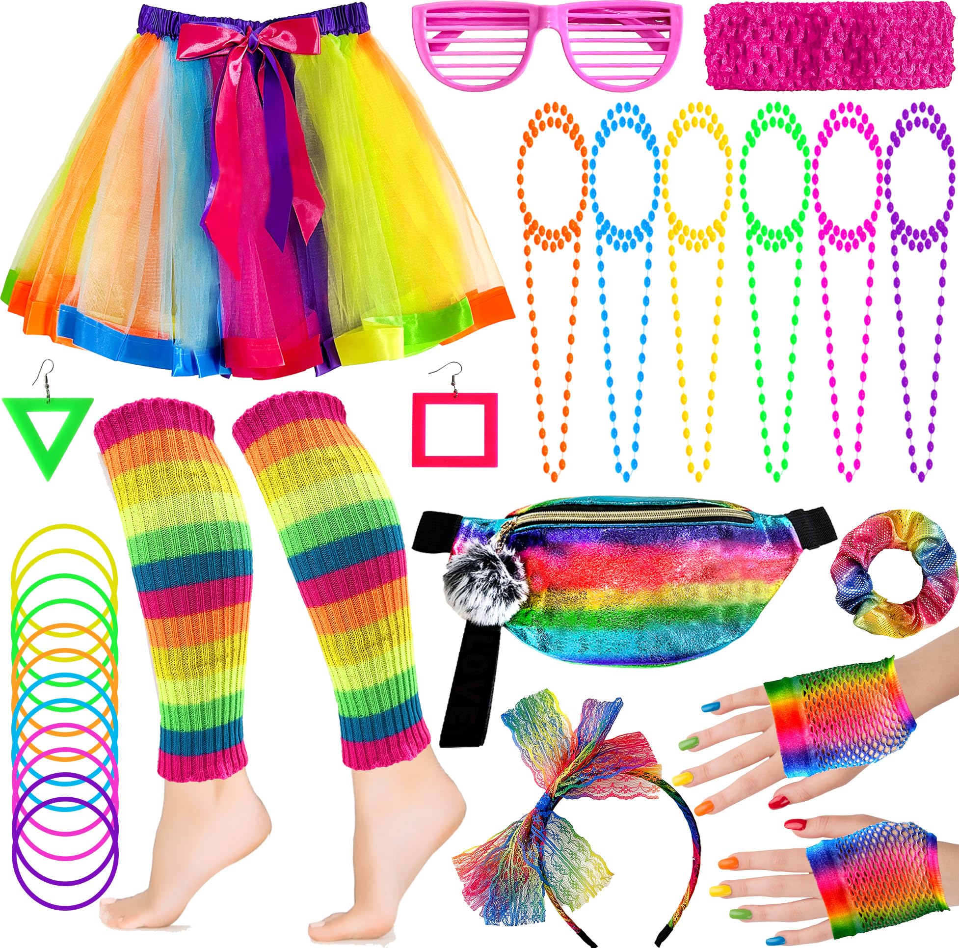 Peirich 28PCS 80s Costume Accessories for Women, Disco Party Clothing From the 1980s, Leg Warmers, Tutu Skirts Neon Banana Bags for Women 80s Dress Up