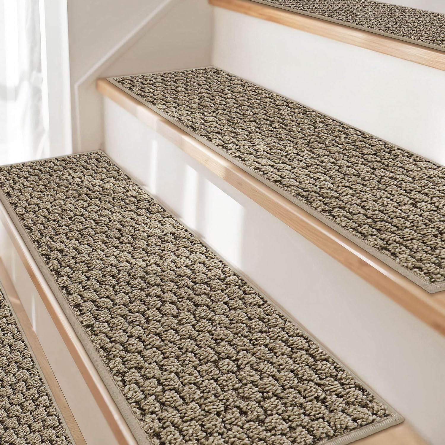 JSEI Stair Treads for Wooden Steps, 14 Pack 9" X 28" Non-Slip Machine Washable Carpet Stair Treads with TPE Backing, Soft Indoor Stair Rug Runner for Kids Elders & Pets, 100% Polyester, Beige