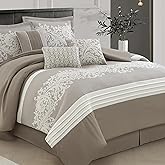 LANCO MODERN LIFESTYLE Taupe Comforter Set, California King, Damask Jacquard with Matching Solid Piece Work, 7 Piece Soft Bedding Set for All Season, Bed Skirt, Pillow Shams and Decorative Pillows