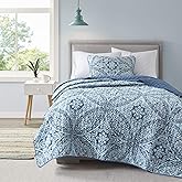 Comfort Spaces Reversible Quilt Set-Vermicelli Stitching Design All Season, Lightweight, Coverlet Bedspread Bedding, Matching Shams, Twin/Twin XL (66 in x 90 in), Gloria Damask Aqua 2 Piece
