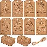 120 Pcs Christmas Gift Tags with String 3" x 2" Christmas Kraft Paper Name Tags Doodle Xmas Brown Kraft Paper Gift Labels for Xmas Holiday Presents DIY Gifts Wrapping Decorations