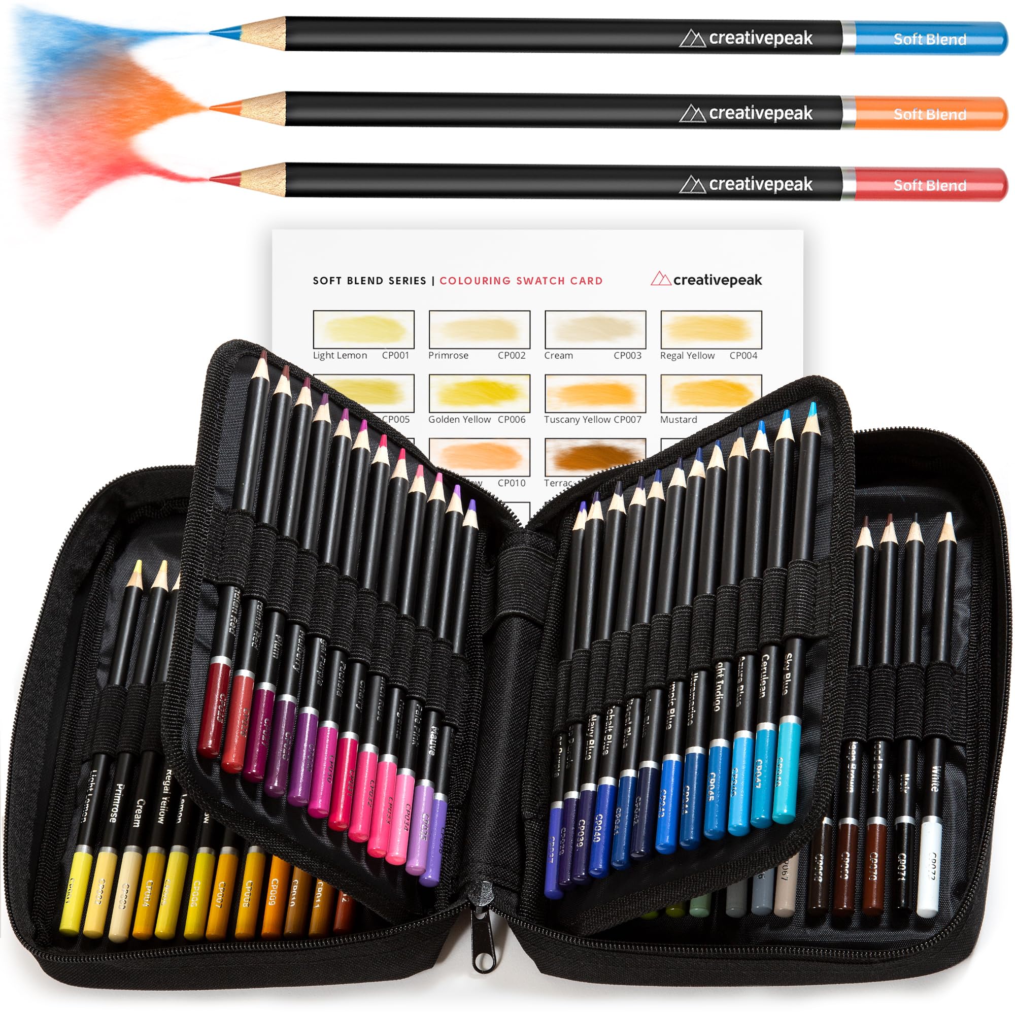 Creativepeak Professional Colouring Pencils, 72 Vibrant Colours + Swatch Card, Quality Art Supplies Featuring Soft Wax Cores, Zip-Up Travel Case