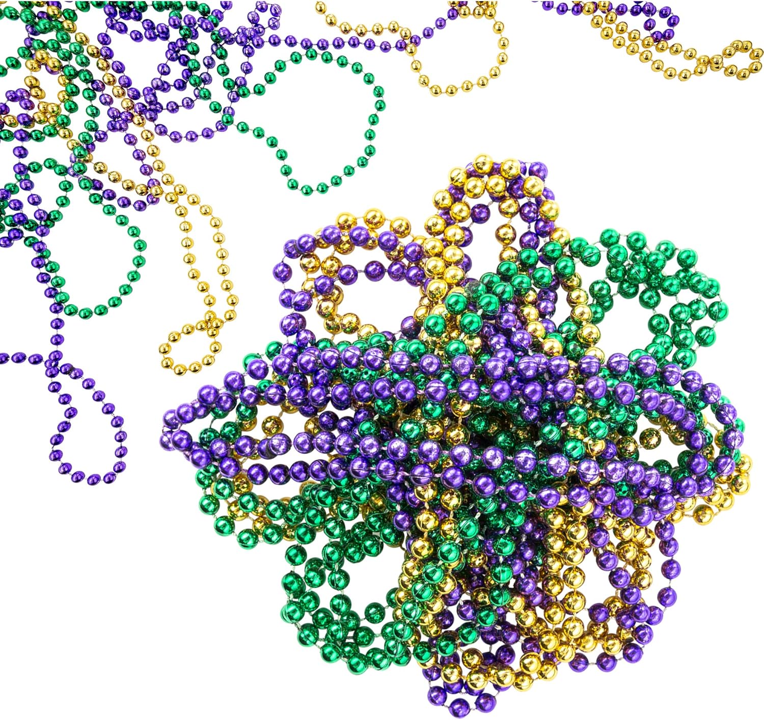 FAVONIR Mardi Gras Assorted Beaded Necklace 12 Pack Of Metallic Round Multi Colors Costume Necklace Accessory 33 Inch 7 mm– For Events And Party Favor Novelty: Clothing