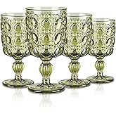 Joeyan Green Wine Glasses,Vintage Glass Wine Goblet,Embossed Colored Gemstone Stemmed Drinking Glasses,Glassware for Christmas Party Wedding,10 oz,Set of 4, Dishwasher Safe