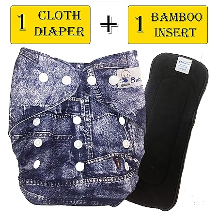 Babymoon (Set of 2) 1 Cloth Diaper with 5Layers Charcoal Bamboo Insert) Premium Adjustable Reusable Cloth Diaper (Denim)