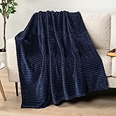 PAVILIA Super Soft Fleece Throw Blanket Navy Blue, Luxury Fuzzy Plush Flannel Throw, Warm Cozy Ribbed Microfiber Blanket for Sofa Couch Bed, Lightweight Striped Blanket, Navy, 50x60