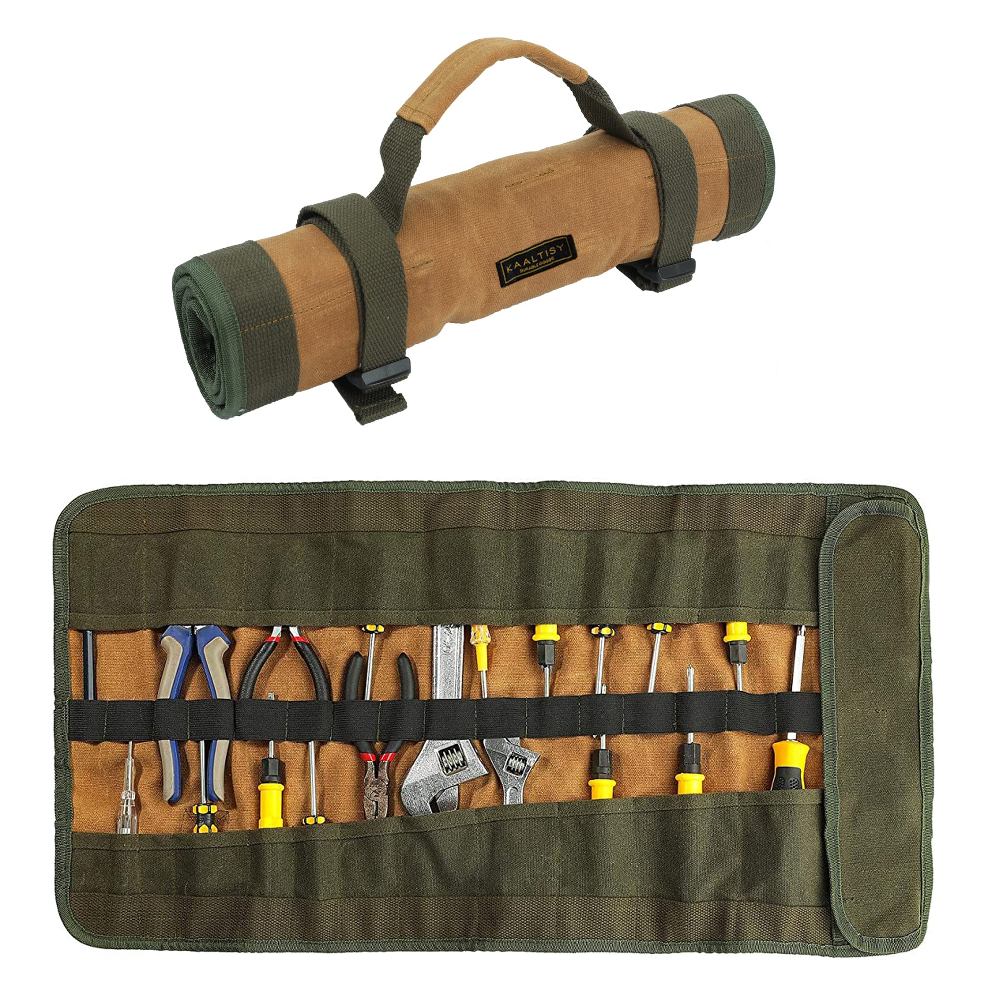 Heavy Duty Waxed Canvas Tool Storage Roll - 65 x 36cm - Portable Toll Carrier | Khaki