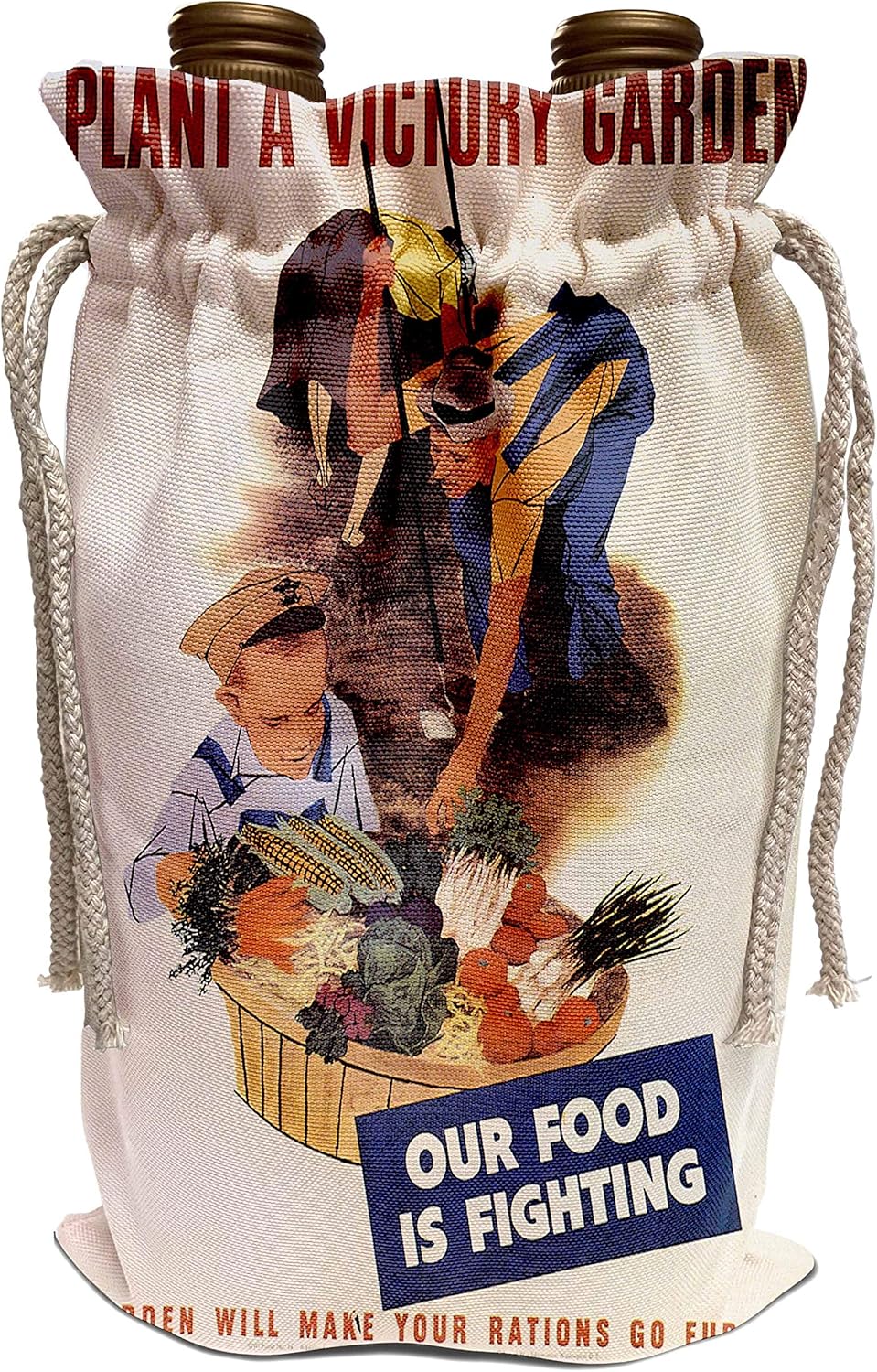 3dRose BLN Vintage World War I and World War II Posters - Vintage Plant a Victory Garden Our Food is Fighting WPA Poster - Wine Bag (wbg_149469_1)