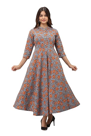 Women's Floral Print Pure Cotton Anarkali Flared Kurta/Latest Grey Kurti for Girls (Grey)