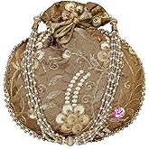 Potli Bag for Women Ethnic Gold, Pearl Handle Floral Accents, Drawstring Closure Pearls Handle Batwa Clutch Purse