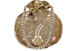EKAVYA Potli Bag for Women Ethnic Gold, Pearl Handle Floral Accents, Drawstring Closure Pearls Handle Batwa Clutch Purse
