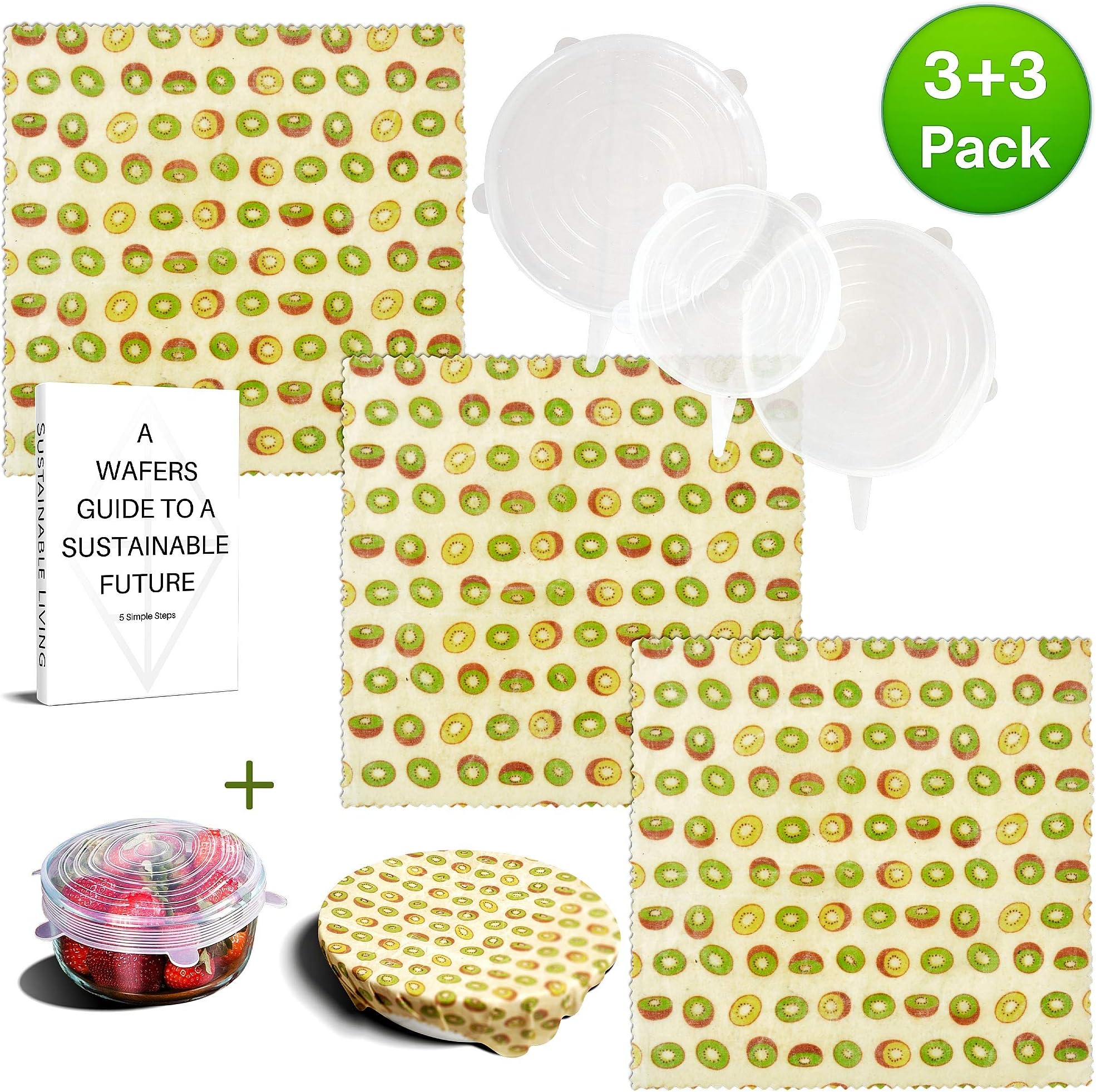 WAFE Beeswax Set of 3 + 3 Stretchy Silicone Lids Reusable Food Wax Wraps-Sandwich Washable Wrapper-Natural Organic Plastic Free Bowl Covers with E-Book (Large, Kiwi)