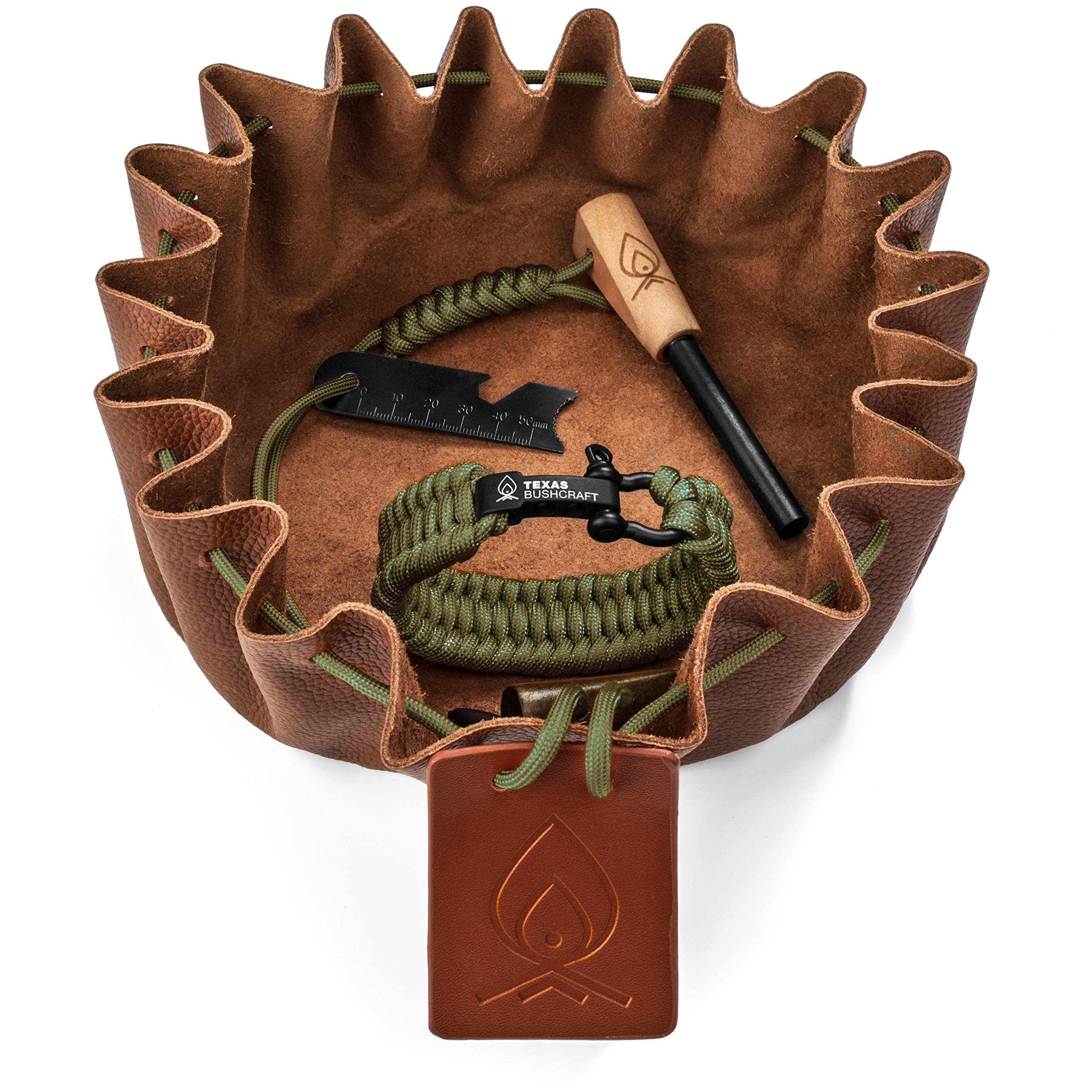 Texas Bushcraft Fire Starter Survival Kit - Ferro Rod Flint Fire Steel, Striker Tool | Cowhide Leather Drawstring Tinder Bag and Possibles Pouch | Emergency Paracord Bracelet for Your Camping Gear