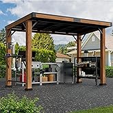Modern Shade Wood Grill Gazebo 6x12 with USB Charging Power Strip &amp; Shelves | Cedar Wood Gazebo with Galvanized Steel Roof &amp; Hooks, Outdoor Bar Gazebo with Dual Bar Tops, BBQ Gazebo for Outdoor Grill
