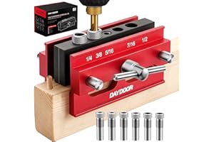 DAYDOOR Self Centering Doweling Jig, Adjustable Width Dowel Jig for Straight Holes, Biscuit Joiner Set with 6 Bushings and 3 Drill Bits(Red)