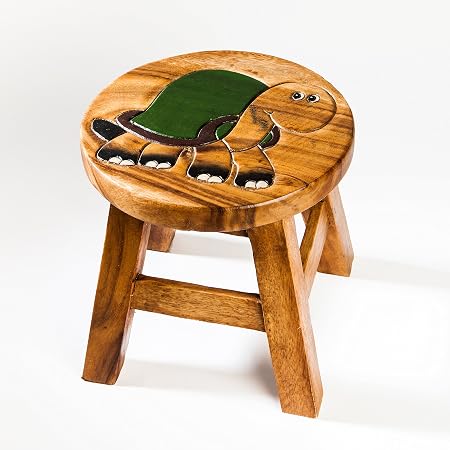 Sgabello Per Bambini In Legno Massiccio Con Disegno Di Cane - Altezza 25 Cm, Vernice Ecologica